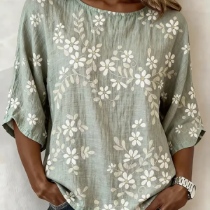 Women Floral Crew Neck Half Sleeve Blouse Printing Vintage Daily Summer Top, JustFashionNow Blouses, color:As Picture|size:5XL