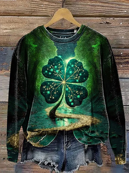Women Shamrock Crew Neck Printing Casual Spring/Fall Long Sleeve Sweatshirt, JustFashionNow Sweatshirts & Hoodies, color:Green|size:XXL