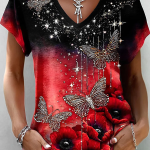 Women Floral Short Sleeve Tee T-shirt V Neck Printing Vintage Summer Top, JustFashionNow T-Shirts, color:Red|size:4XL