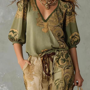 Vacation Ethnic Printing V Neck Puff Sleeve Blouse, Blouses and Shirts, color:As Picture|size:XXL, Stylewe