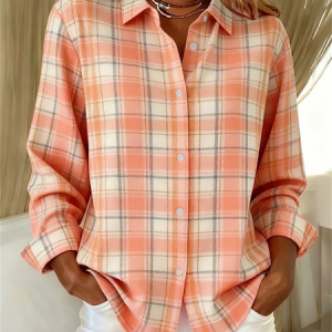 Women Plaid Shirt Collar Long Sleeve Shirt Buckle Regular Sleeve Casual Daily Spring/Fall Top, JustFashionNow Shirts, color:Orange|size:XXL