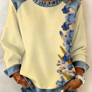 Women Floral Crew Neck Printing Vintage Spring/Fall Long Sleeve Sweatshirt, JustFashionNow Sweatshirts & Hoodies, color:Yellow|size:4XL