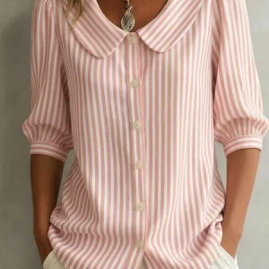 Women Striped Shawl Collar Half Sleeve Shirt Printing Casual Daily Summer Top, JustFashionNow Shirts, color:Pink|size:5XL