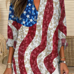 Women America Flag V Neck Long Sleeve Blouse Printing Casual Daily Spring/Fall Top, JustFashionNow Shirts, color:As Picture|size:5XL