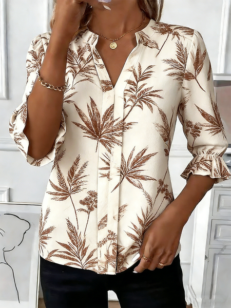 Women Plain V Neck Half Sleeve Shirt Elegant Daily Summer Top, JustFashionNow Blouses, color:Apricot|size:XL