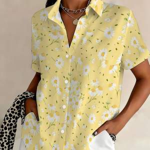 Women Floral Shirt Collar Short Sleeve Shirt Printing Casual Daily Summer Top, JustFashionNow Shirts, color:Yellow|size:XXL