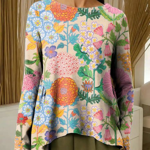 Women Geometric Long Sleeve Tee T-shirt Crew Neck Printing Vintage Spring/Fall Top, JustFashionNow T-Shirts, color:flower|size:XXL