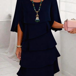 Women Plain Half Sleeve Crew Neck Dress Commuting Simple Midi A-Line Summer Dress, JustFashionNow Dresses, color:Purplish Blue|size:3XL