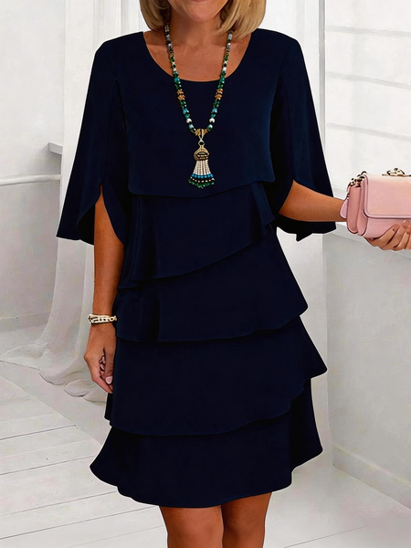 Women Plain Half Sleeve Crew Neck Dress Commuting Simple Midi A-Line Summer Dress, JustFashionNow Dresses, color:Purplish Blue|size:3XL