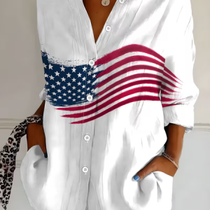 Independence Day Shirt Collar Regular Sleeve Long Sleeve America Flag Buckle Regular Loose Button Up Shirt Shirt For Women, Shirts, color:White|size:XXL, catalog Noracora shop