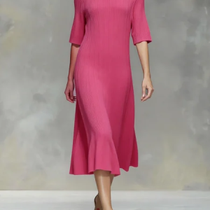 French Vintage Rose Pink Ribbed Knit Midi Dress, Midi Dresses, color:Rose Red|size:XXL, Stylewe