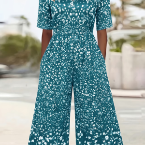 Women Floral V Neck Half Sleeve Casual Summer Jumpsuit, JustFashionNow Jumpsuits＆Rompers, color:Cyan|size:4XL