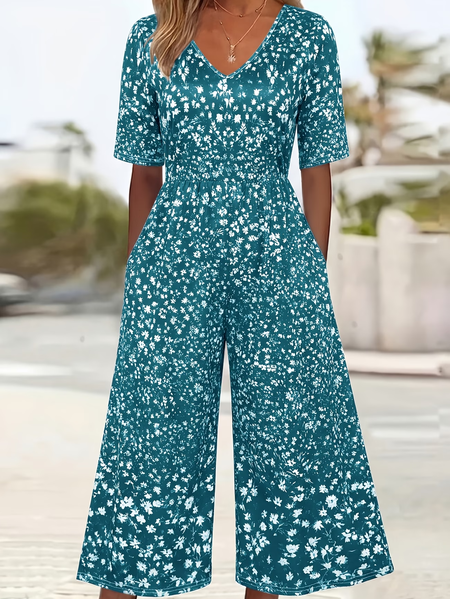 Women Floral V Neck Half Sleeve Casual Summer Jumpsuit, JustFashionNow Jumpsuits&Rompers, color:Cyan|size:4XL