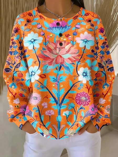 Women Floral Crew Neck Printing Casual Spring/Fall Long Sleeve Sweatshirt, JustFashionNow Sweatshirts & Hoodies, color:Orange|size:5XL