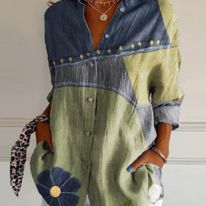Women Floral Shirt Collar Long Sleeve Shirt Buckle Regular Sleeve Casual Daily Spring/Fall Top, JustFashionNow Shirts, color:As Picture|size:XXL