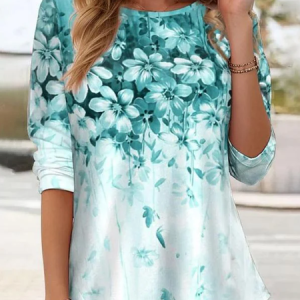 Women Floral Long Sleeve Tee T-shirt Crew Neck Printing Casual Tunic Spring/Fall Top, JustFashionNow T-Shirts, color:Green|size:XXL
