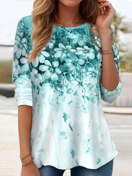 Women Floral Long Sleeve Tee T-shirt Crew Neck Printing Casual Tunic Spring/Fall Top, JustFashionNow T-Shirts, color:Green|size:XXL
