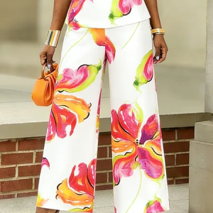 Vacation Floral Printing Wide Leg Pants, Pants, color:As Picture|size:XXL, Stylewe