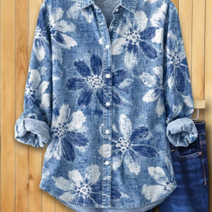 Women Floral Shirt Collar Long Sleeve Shirt Buckle Regular Sleeve Casual Daily Spring/Fall Top, JustFashionNow Shirts, color:Blue|size:XXL