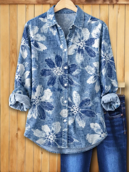 Women Floral Shirt Collar Long Sleeve Shirt Buckle Regular Sleeve Casual Daily Spring/Fall Top, JustFashionNow Shirts, color:Blue|size:XXL