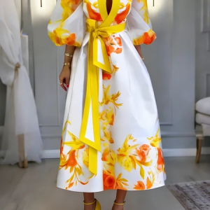 Elegant Floral Balloon Sleeve Printing Stand Collar Midi Dress With Belt, Midi Dresses, color:Yellow|size:XXL, Stylewe