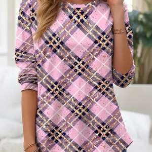 Women Plaid Long Sleeve Tee T-shirt Crew Neck Printing Casual Tunic Spring/Fall Top, JustFashionNow T-Shirts, color:Pink|size:XXL