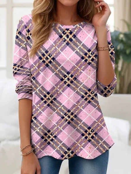 Women Plaid Long Sleeve Tee T-shirt Crew Neck Printing Casual Tunic Spring/Fall Top, JustFashionNow T-Shirts, color:Pink|size:XXL