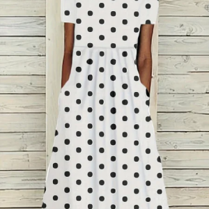 Women Polka Dots Short Sleeve Crew Neck Printing Dress Daily Casual Maxi Shift Dress H-Line Summer Dress, JustFashionNow Casual Dresses, color:White|size:4XL