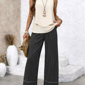 Women Striped Printing Two-Piece Set Daily Sleeveless Casual Summer Top With Pants Matching Set, JustFashionNow Suit Set, color:As Picture|size:XXL