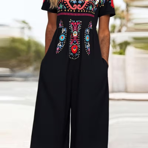 Women Ethnic V Neck Half Sleeve Casual Summer Jumpsuit, JustFashionNow Jumpsuits＆Rompers, color:Black|size:4XL