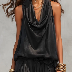 Cotton Vacation Plain Cowl Neck Tank Top, Tanks and Camis, color:Black|size:XXL, Stylewe