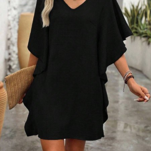 Women Plain Short Sleeve V Neck Split Joint Dress Daily Vintage Mini Ruffle Skirt A-Line Summer Dress, JustFashionNow Dresses, color:Black|size:XXL