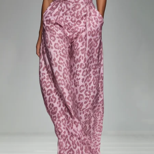 Vacation Leopard Printing Wide Leg Pants, Pants, color:Pink|size:XXL, Stylewe