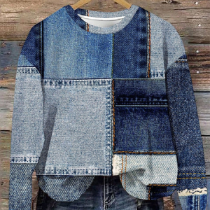 Women Faux Denim Print Graphic Crew Neck Printing Casual Spring/Fall Long Sleeve Sweatshirt, JustFashionNow Sweatshirts & Hoodies, color:Blue|size:XXL