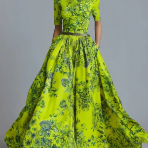 Plus Size Elegant Floral Printing Crew Neck Maxi Dress With Belt, Plus Dresses, color:Green|size:4X, Stylewe