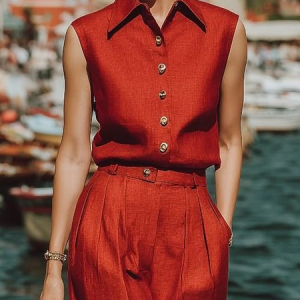Cotton And Linen Casual Plain Shirt Collar Shirt, Blouses and Shirts, color:Red|size:XXL, Stylewe