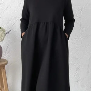 Women Plain Long Sleeve Crew Neck Split Joint Dress Daily Casual Knee Length A-Line Summer Dress, JustFashionNow Dresses, color:Black|size:3XL