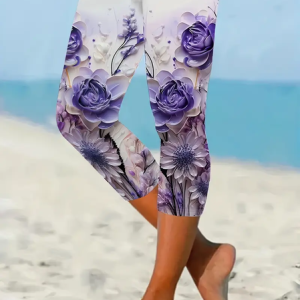 Women Floral Capris Elastic Waist Pants Casual Summer Trousers, JustFashionNow Leggings, color:Purple|size:XXL