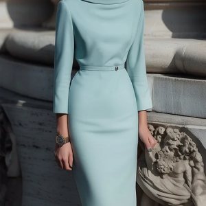 Elegant Plain Shawl Collar Knee Length Dress, Midi Dresses, color:Blue|size:XXL, Stylewe