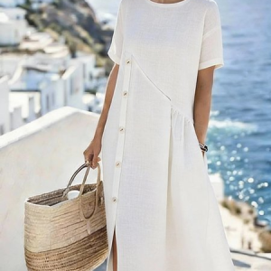 Women Plain Short Sleeve Crew Neck Buttoned Dress Daily Casual Midi A-Line Summer Dress, JustFashionNow Dresses, color:White|size:3XL