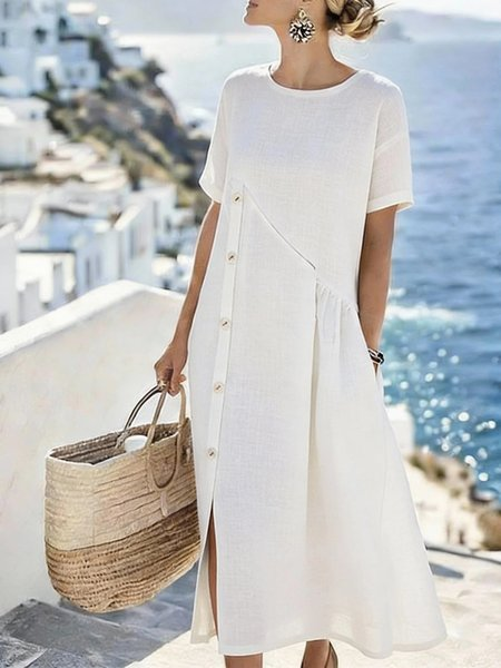 Women Plain Short Sleeve Crew Neck Buttoned Dress Daily Casual Midi A-Line Summer Dress, JustFashionNow Dresses, color:White|size:3XL