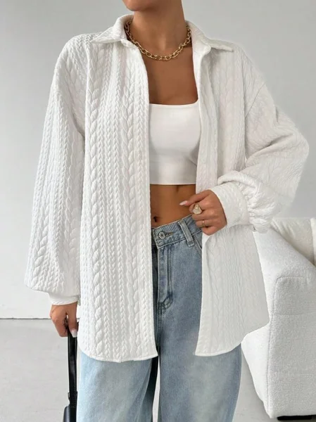 Women Plain Shirt Collar Long Sleeve Shirt Split Joint Casual Daily Spring/Fall Top, JustFashionNow Blouses, color:White|size:XXL