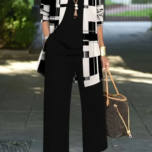 Women Abstract Printing Matching Outfit Daily Long Sleeve Casual Spring/Fall Multi-Piece Set Matching Set, JustFashionNow Suit Set, color:Black|size:XXL