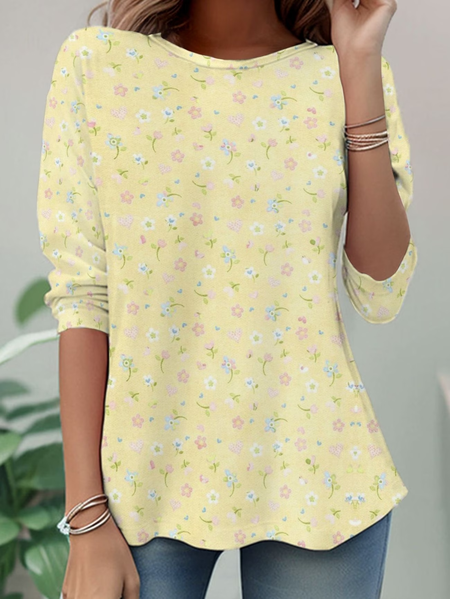 Women Floral Long Sleeve Tee T-shirt Crew Neck Casual Tunic Spring/Fall Top, JustFashionNow T-Shirts, color:Yellow|size:XXL - Image 2