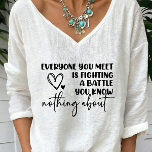 Women Letter Pattern Long Sleeve Tee T-shirt V Neck Vintage Spring/Fall Top, JustFashionNow T-Shirts, color:White|size:5XL