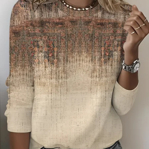 Women Abstract Long Sleeve Tee T-shirt Crew Neck Printing Casual Graphic Tee Spring/Fall Top, JustFashionNow T-Shirts, color:Khaki|size:XXL