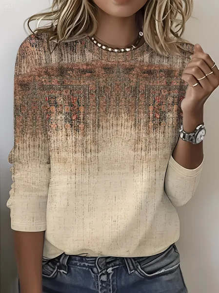 Women Abstract Long Sleeve Tee T-shirt Crew Neck Printing Casual Graphic Tee Spring/Fall Top, JustFashionNow T-Shirts, color:Khaki|size:XXL