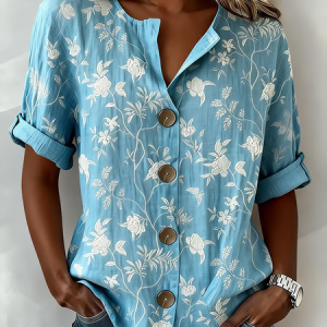 Women Floral Stand Collar Long Sleeve Shirt Buckle Casual Daily Spring/Fall Top, JustFashionNow Shirts, color:Blue|size:5XL