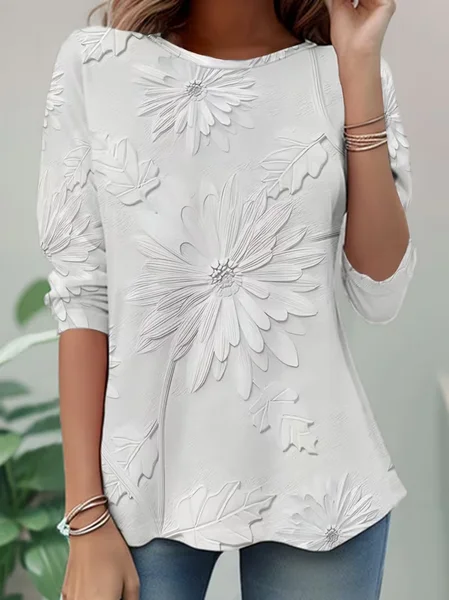 Women Floral Long Sleeve Tee T-shirt Crew Neck Casual Tunic Spring/Fall Top, JustFashionNow T-Shirts, color:White|size:XXL - Image 3