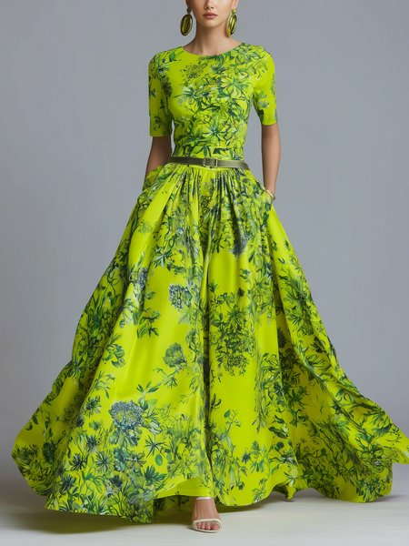 Elegant High Waist Maxi Dress X-Line Crew Neck Summer Event, Maxi Dresses, color:Green|size:XXL, Stylewe